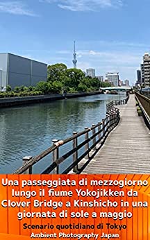 Una passeggiata di mezzogiorno lungo il fiume Yokojikken da Clover Bridge a Kinshicho in una giornata di sole a maggio: Scenario quotidiano di Tokyo